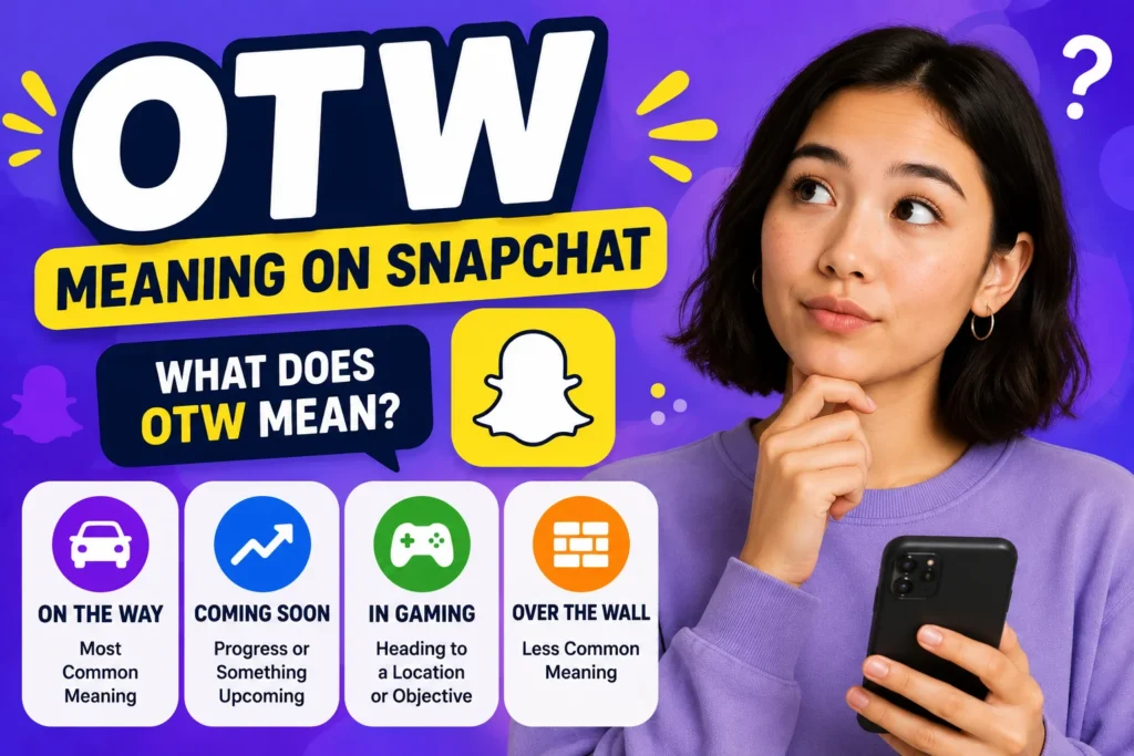 Featured image for "What Does OTW Mean on Snapchat" featuring a stylish young woman checking her smartphone with the keywords "OTW Meaning," "On The Way," "Coming Soon," and "Gaming," in a clean blue and purple social media-inspired design.