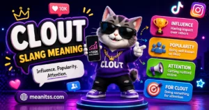 Colorful 3D cartoon featured image explaining “clout slang meaning,” featuring a stylish cyber cat with sunglasses, a smartphone showing followers, and panels representing influence, popularity, attention, and doing something for clout, with meanitss.com branding.