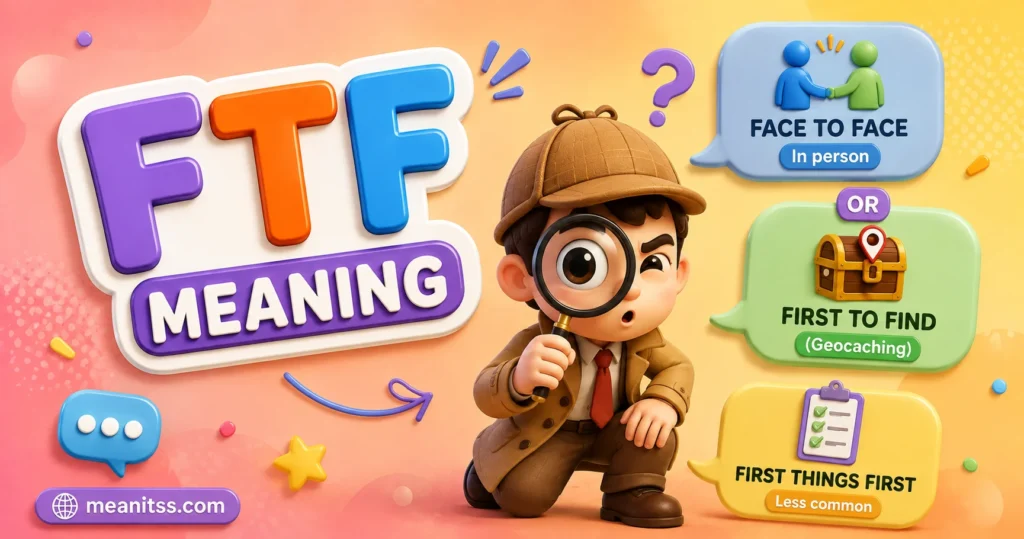 3D cartoon detective exploring the meaning of “FTF,” with speech bubbles showing “Face to Face,” “First to Find,” and “First Things First,” on a colorful pastel background with meanitss.com branding.