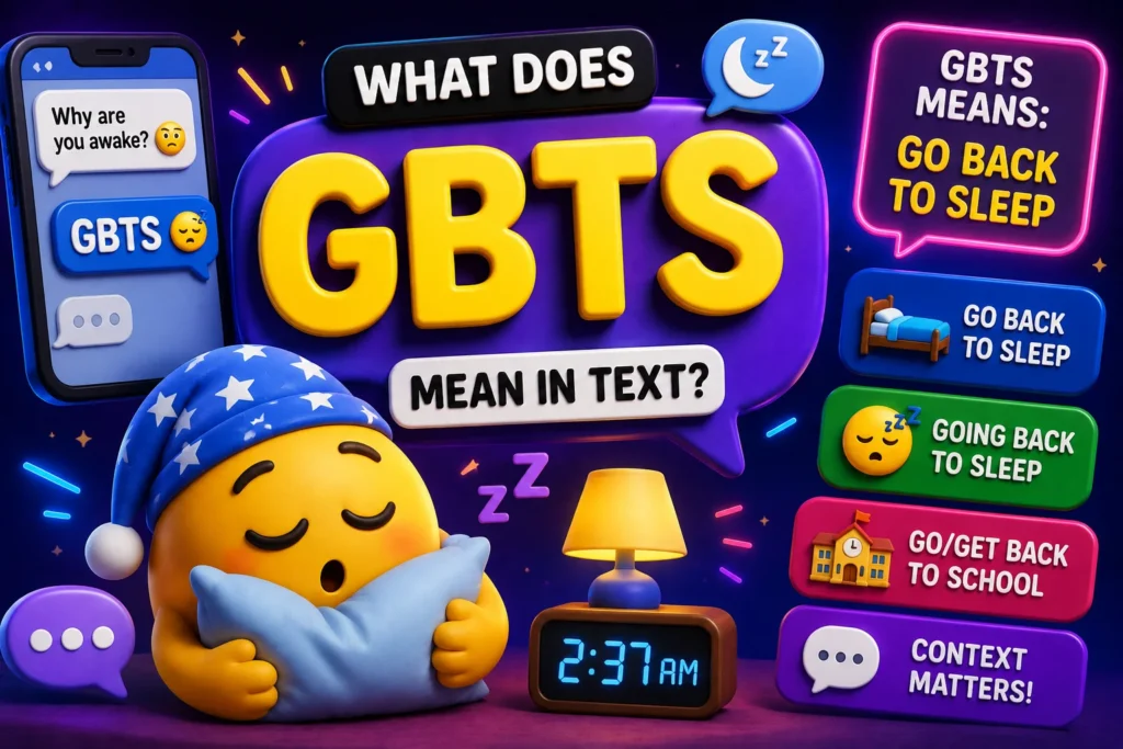 3D cartoon illustration explaining “GBTS meaning in text,” featuring a sleepy emoji using a smartphone, chat bubbles showing possible meanings, and colorful text-slang graphics.