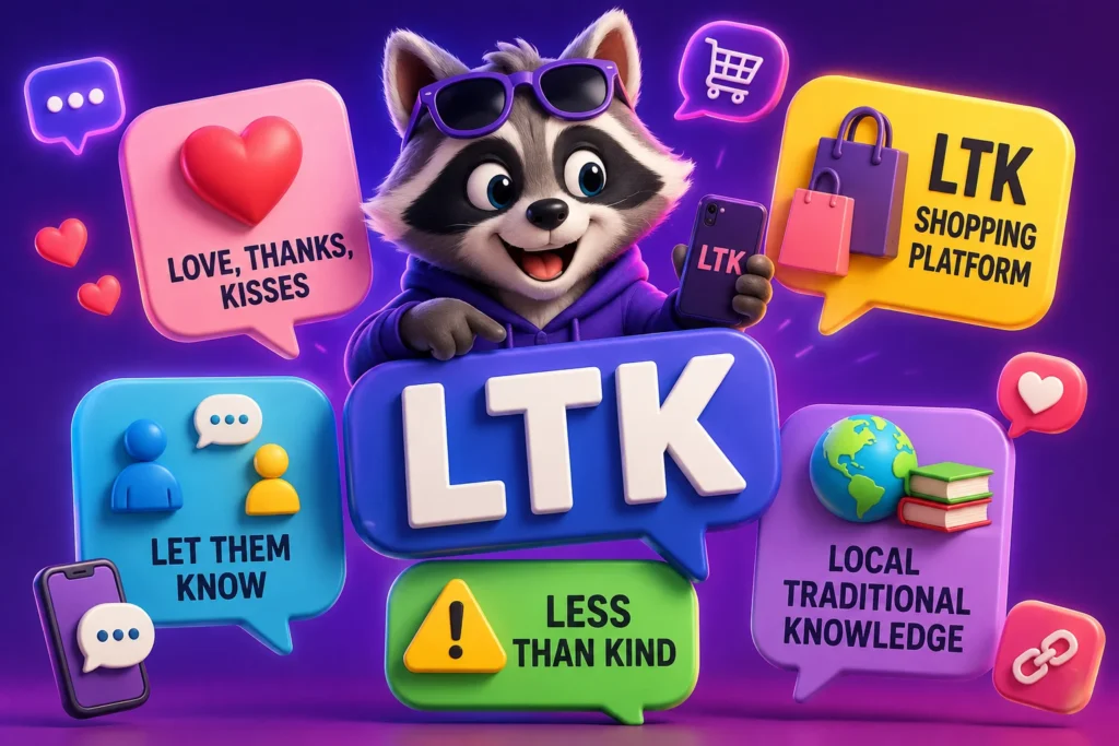 3D featured illustration for LTK meaning showing a cartoon raccoon holding a smartphone beside a large LTK chat bubble, with colorful speech bubbles representing possible meanings including Love, Thanks, Kisses, Let Them Know, LTK Shopping Platform, Less Than Kind, and Local Traditional Knowledge on a vibrant purple gradient background.