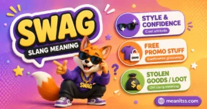 Colorful cartoon graphic explaining “swag” slang meaning, featuring a stylish fox wearing sunglasses, a purple hoodie and gold chain, with panels showing swag as style and confidence, free promotional items, and stolen goods or loot.