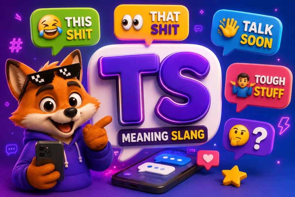 3D featured image for “TS slang meaning” showing a cheerful chat bubble mascot holding a smartphone beside the large letters “TS,” with colorful speech bubbles representing possible meanings like “This Shit,” “That Shit,” “Talk Soon,” and “Tough Stuff,” plus social media icons for TikTok, Instagram, Snapchat, WhatsApp, and X on a vibrant neon purple background.
