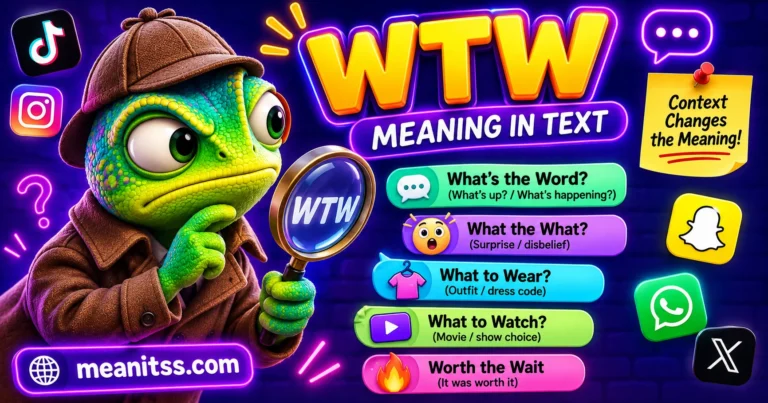 “WTW meaning in text explained with a 3D cartoon raccoon detective holding a magnifying glass, with a smartphone and clipboard showing ‘What’s the Word?’, ‘What the What?’, ‘What to Wear?’, ‘What to Watch?’, and ‘Worth the Wait.’”